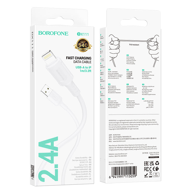 USB-A to Lightning Data and Charging Cable Borofone BX111 Feliz, 18W, 1m, White