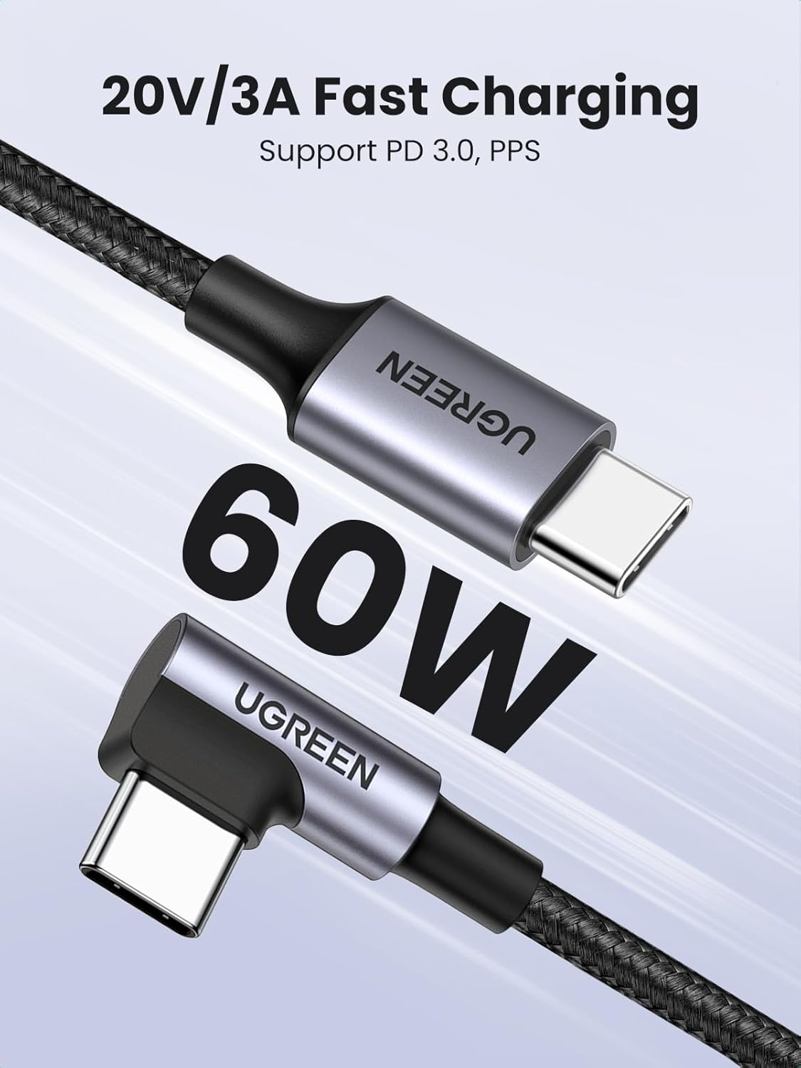 UGREEN US255 Angled USB-C to USB-C Data and Charging Cable, 60W, 3m, Gray