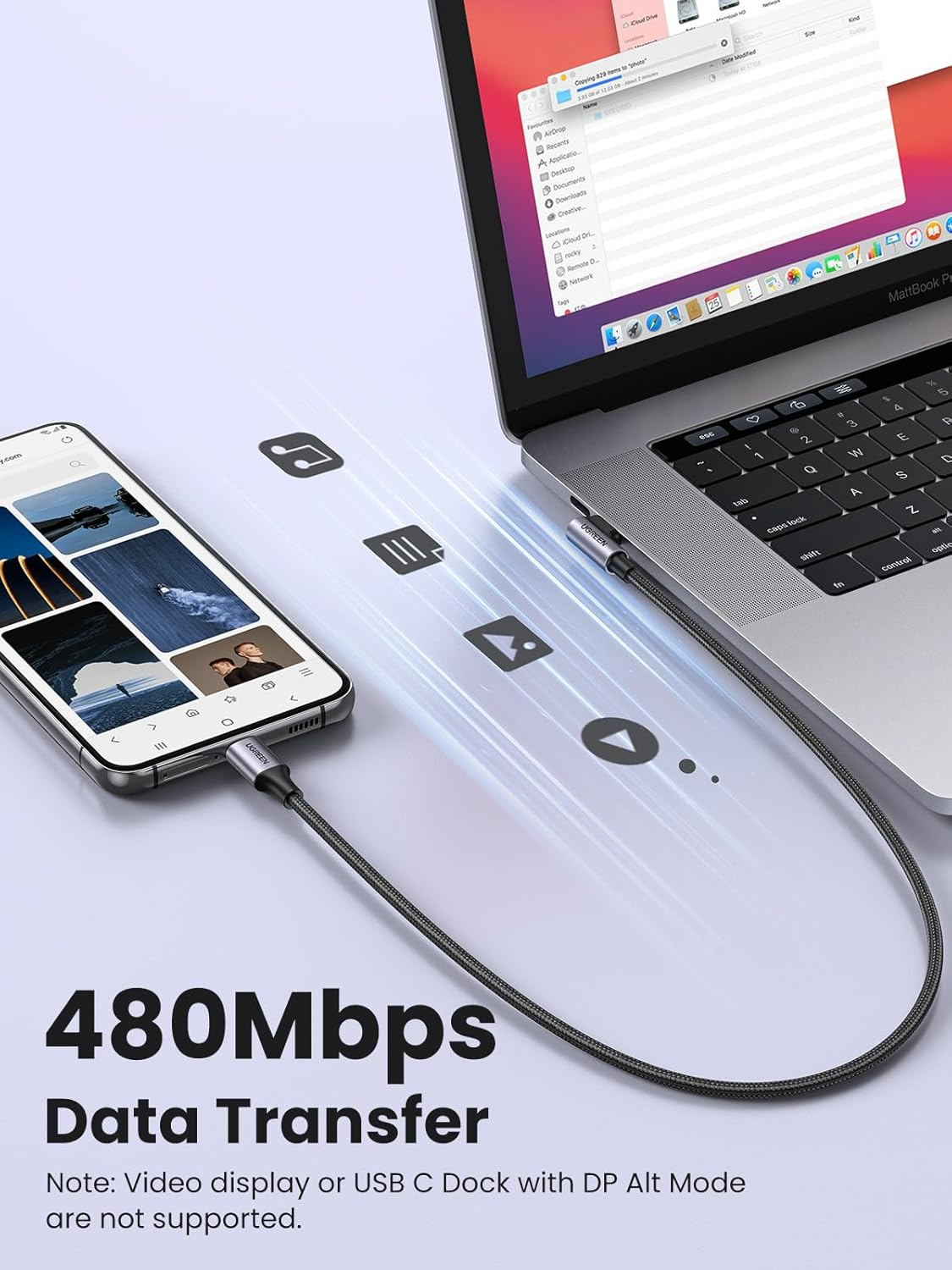 UGREEN US255 Angled USB-C to USB-C Data and Charging Cable, 60W, 3m, Gray