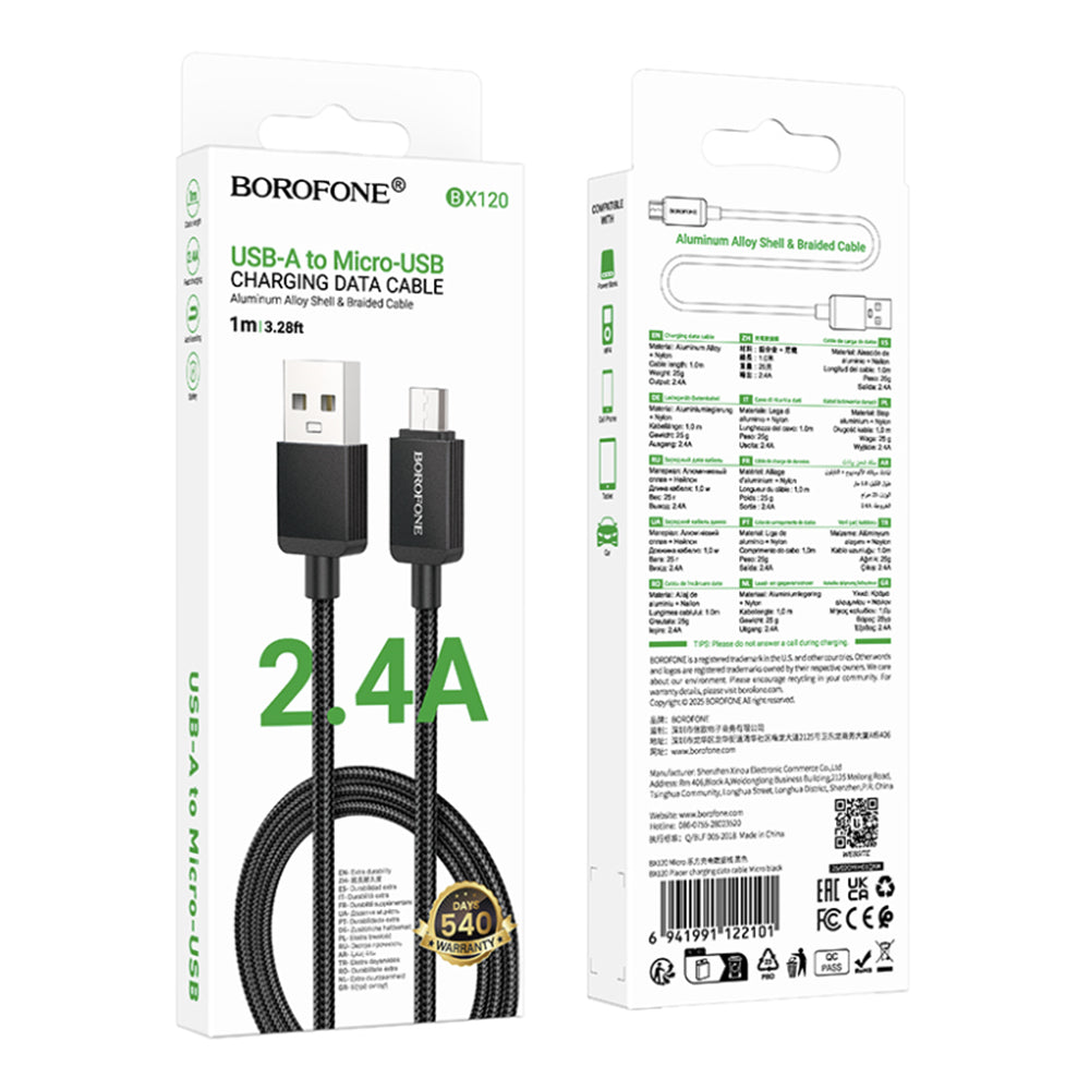 USB-A to microUSB Data and Charging Cable Borofone BX120 Placer, 18W, 1m, Black