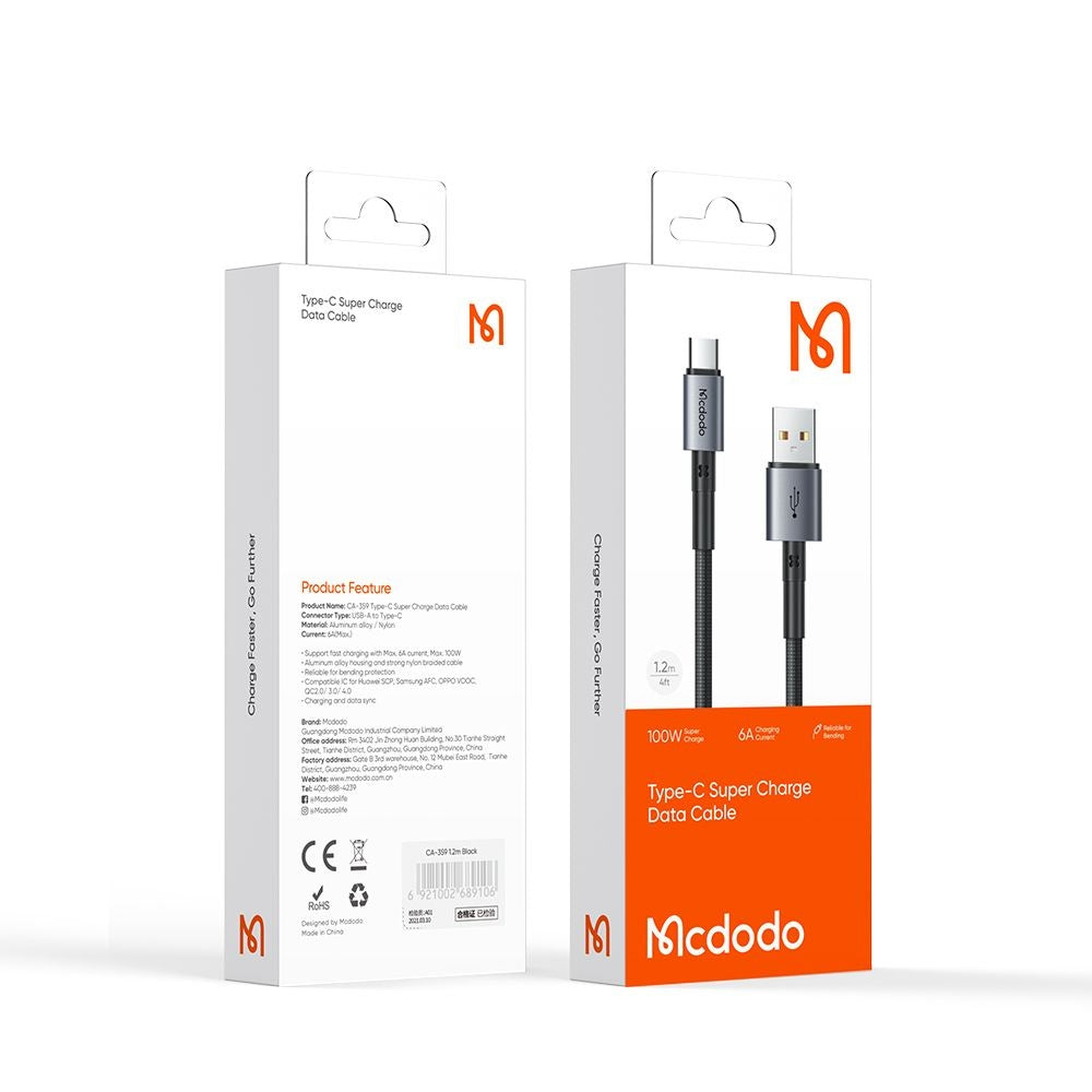 USB-A to USB-C McDodo CA-3590 Data and Charging Cable, 100W, 1.2m, Black