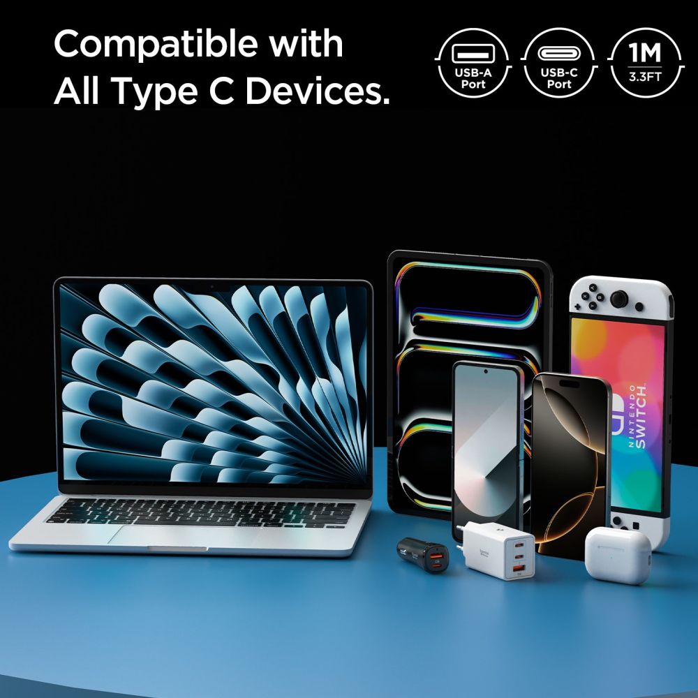 Spigen Essential USB-A to USB-C Data and Charging Cable, 60W, 1m, White ACA08715