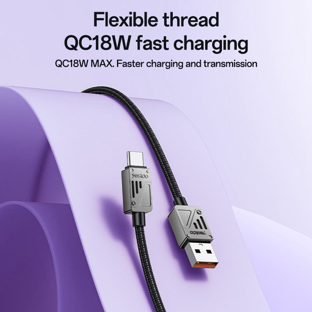 USB-A to USB-C Data and Charging Cable Yesido CA135C, 18W, 1.2m, Black