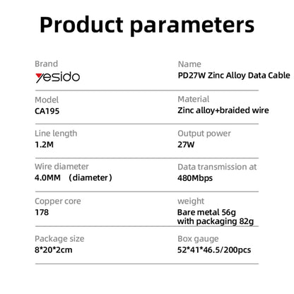 USB-C to Lightning Data and Charging Cable Yesido CA195, 27W, 1.2m, Black