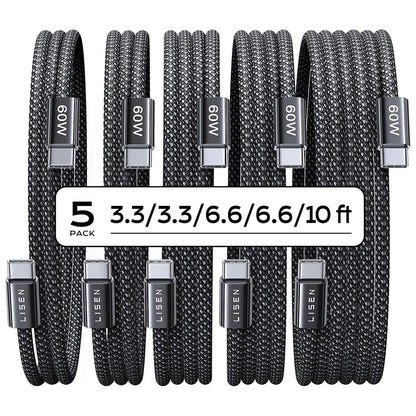 USB-C Data and Charging Cable - USB-C Lisen, 60W, Set of 5 pieces (2 x 1m, 2 x 2m, 1 x 3m), Black YL0123070010