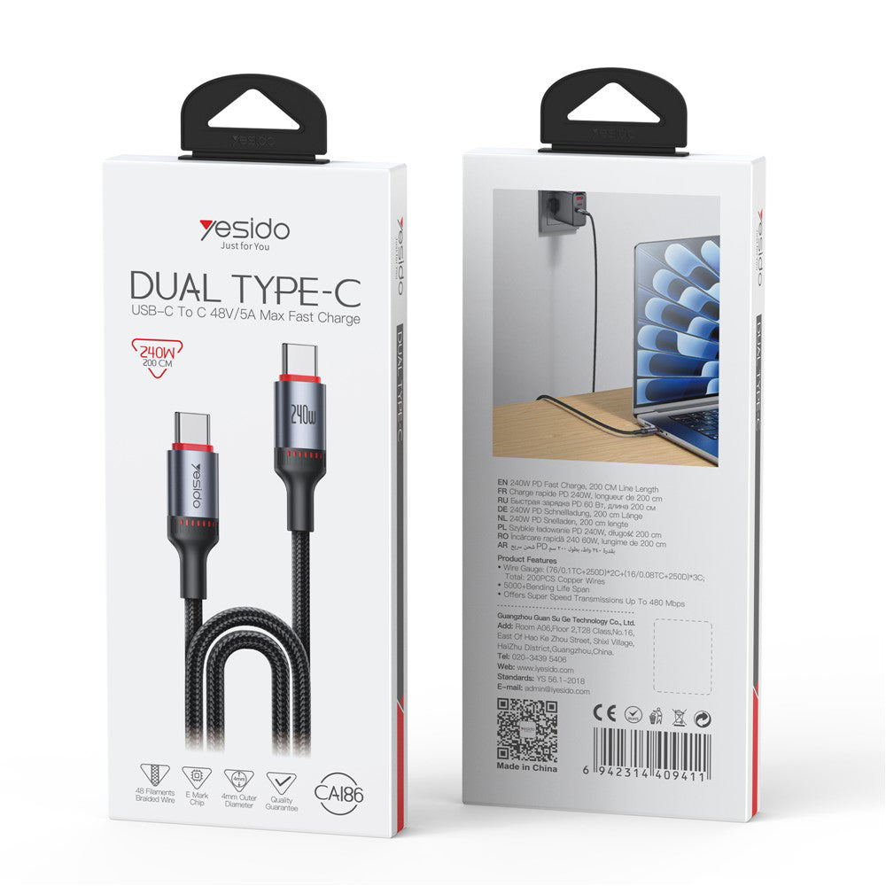 USB-C Data and Charging Cable - USB-C Yesido CA186, 240W, 2m, Black