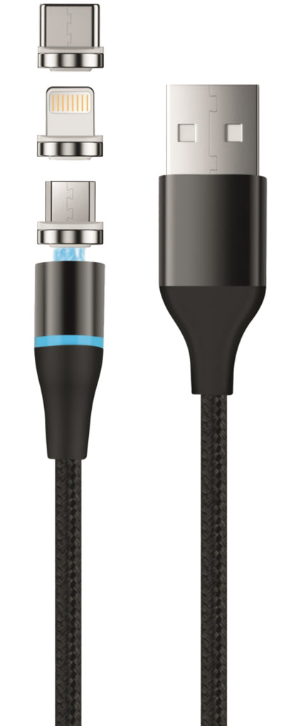 USB-A Charging Cable - Lightning / microUSB / USB-C Setty Magnetic DT 3in1, 12.5W, 1m, Black