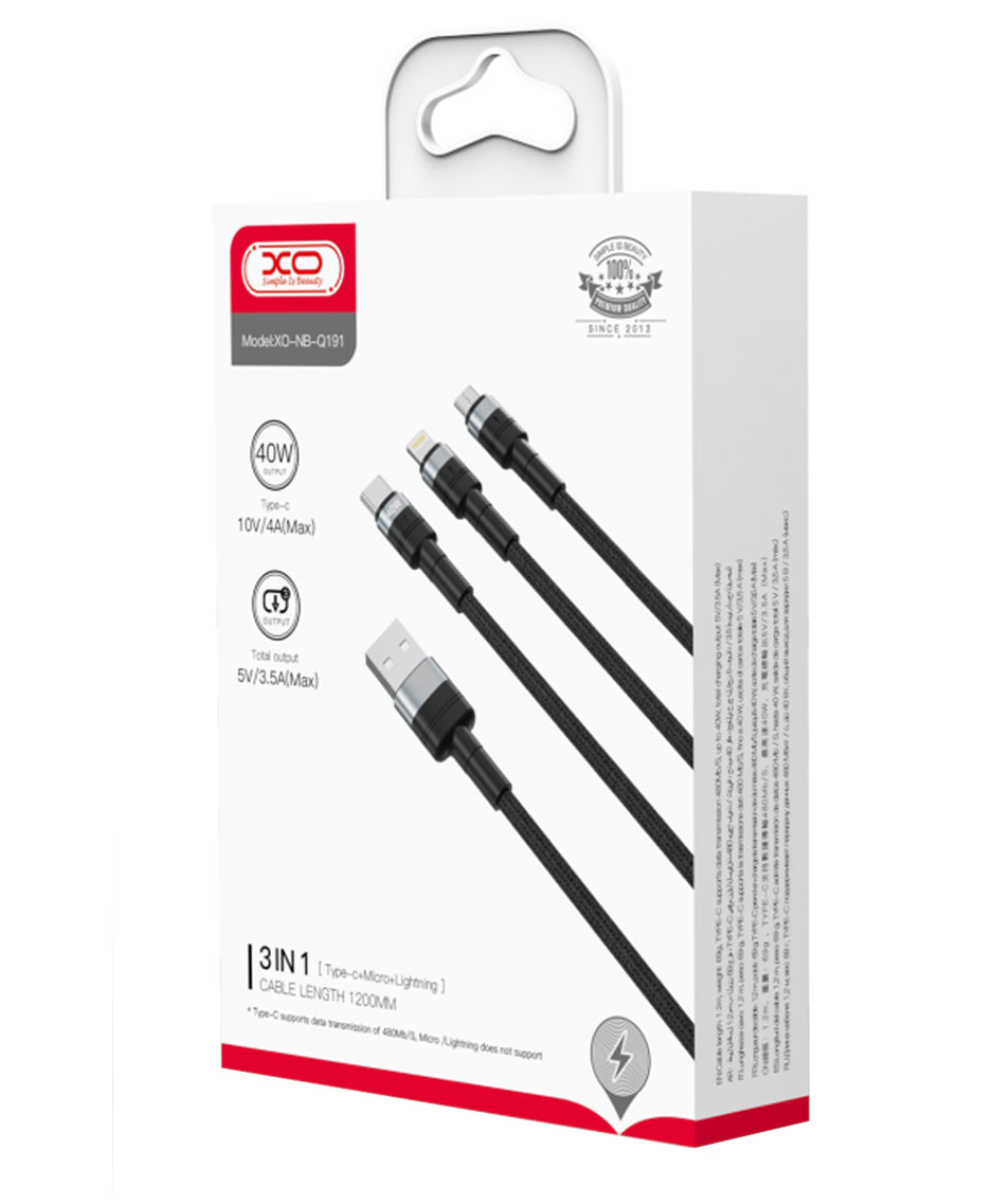 USB-A Charging Cable - Lightning / microUSB / USB-C XO Design NB-Q191 3in1, 66W, 1.2m, Black