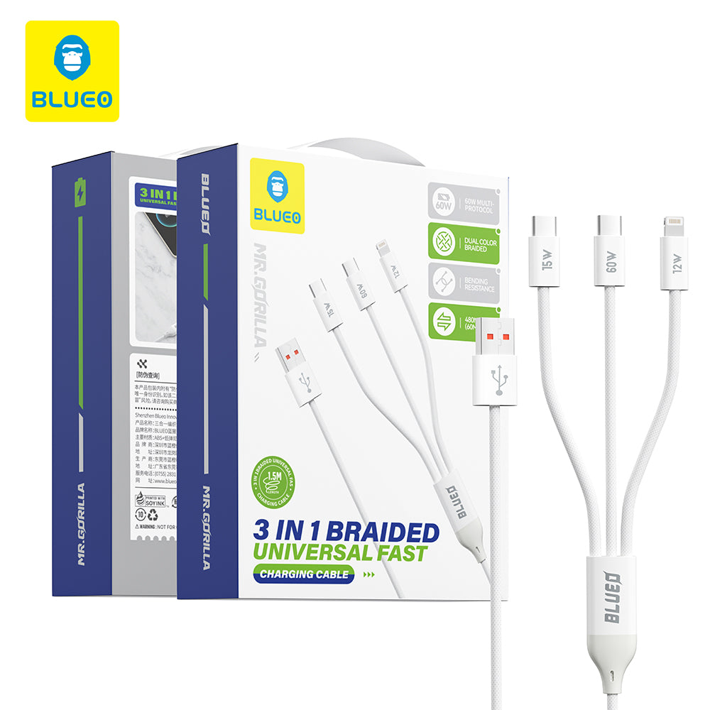 USB-A to Lightning / 2 x USB-C Blueo Charging Cable, 75W, 1.2m, White