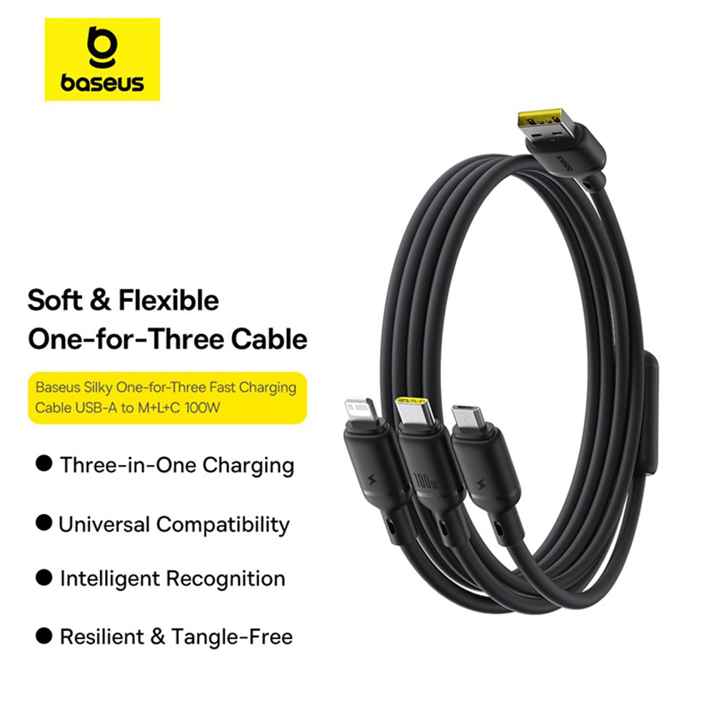 USB-A Charging Cable - Lightning / microUSB / USB-C Baseus Silky 3in1, 100W, 1.5m, Black P10377705123-00