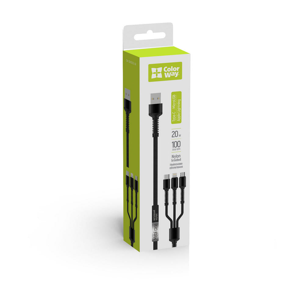 USB-A Charging Cable - Lightning / microUSB / USB-C ColorWay CW-CBU3003, 20W, 1.2m, Gray