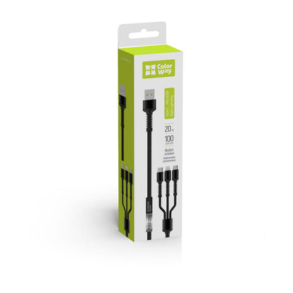 USB-A Charging Cable - Lightning / microUSB / USB-C ColorWay CW-CBU3003, 20W, 1.2m, Gray