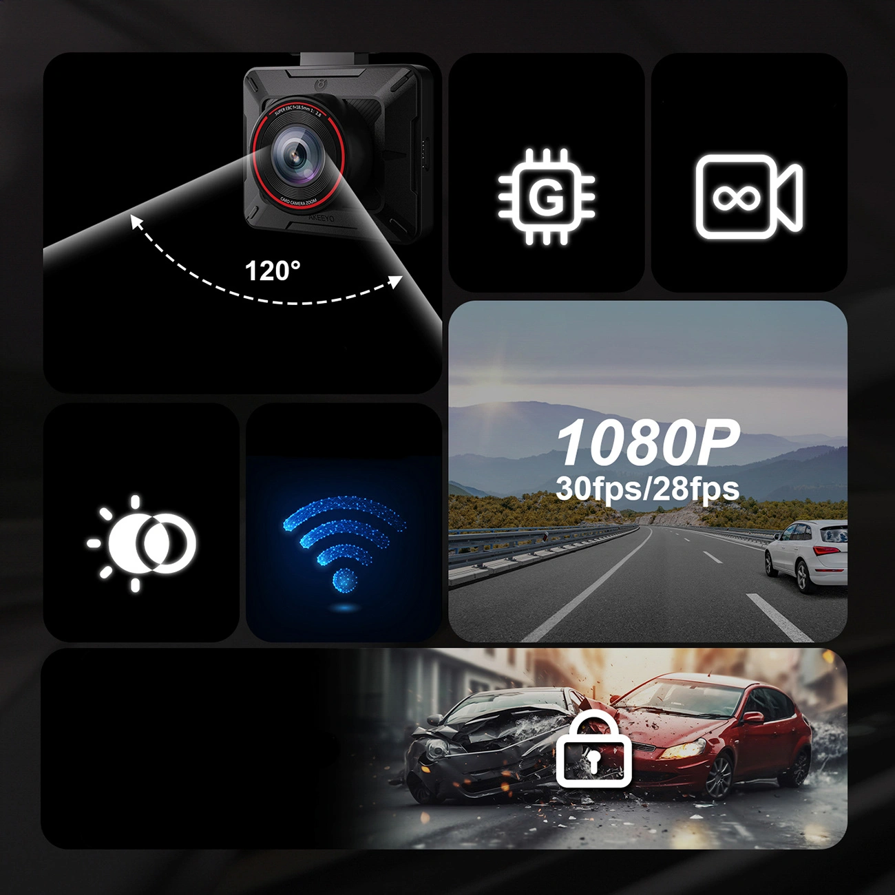 Akeeyo P1 Car Camera, 1080P, Wi-Fi