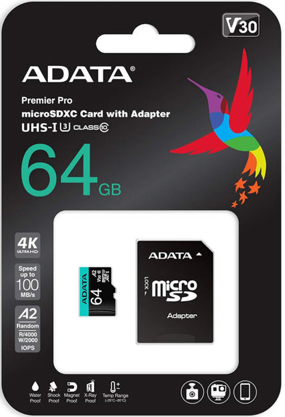 Adata Premier Pro microSDXC Memory Card, 64GB, Class 10 / UHS-1 U3, With Adapter AUSDX64GUI3V30SA2-RA1