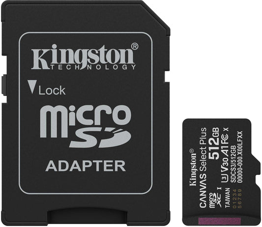 Kingston Canvas Select Plus Android A1 microSDXC Memory Card, 512Gb, Class 10 / UHS-1 U3, With Adapter SDCS3/512GB