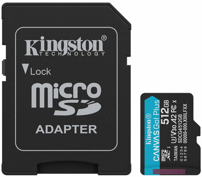 Kingston Canvas Go Plus microSDXC Memory Card Android A2, 512Gb, Class 10 / UHS-1 U3, With Adapter SDCG4/512GB