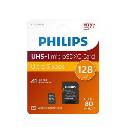 Philips microSDXC Memory Card, 128Gb, Class 10 / UHS-1 U1, With Adapter FM12MP45B/10