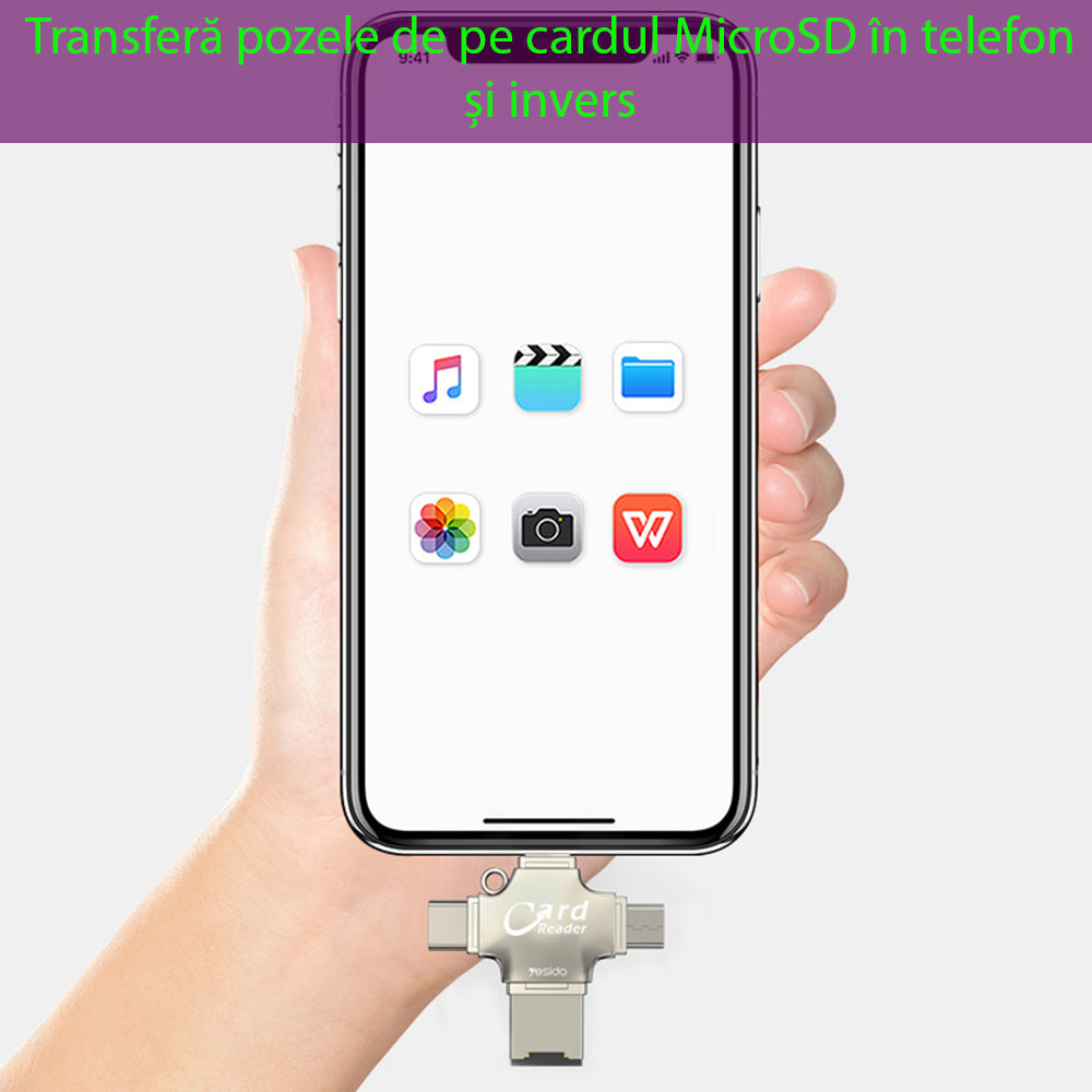 USB / USB-C / Lightning / microUSB Yesido GS13 Card Reader, microSD, Silver