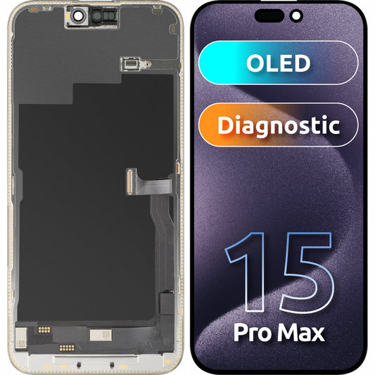 MP Touchscreen Display compatible with Apple iPhone 15 Pro Max, with Frame, OLED FHD Diagnostic Version, Black