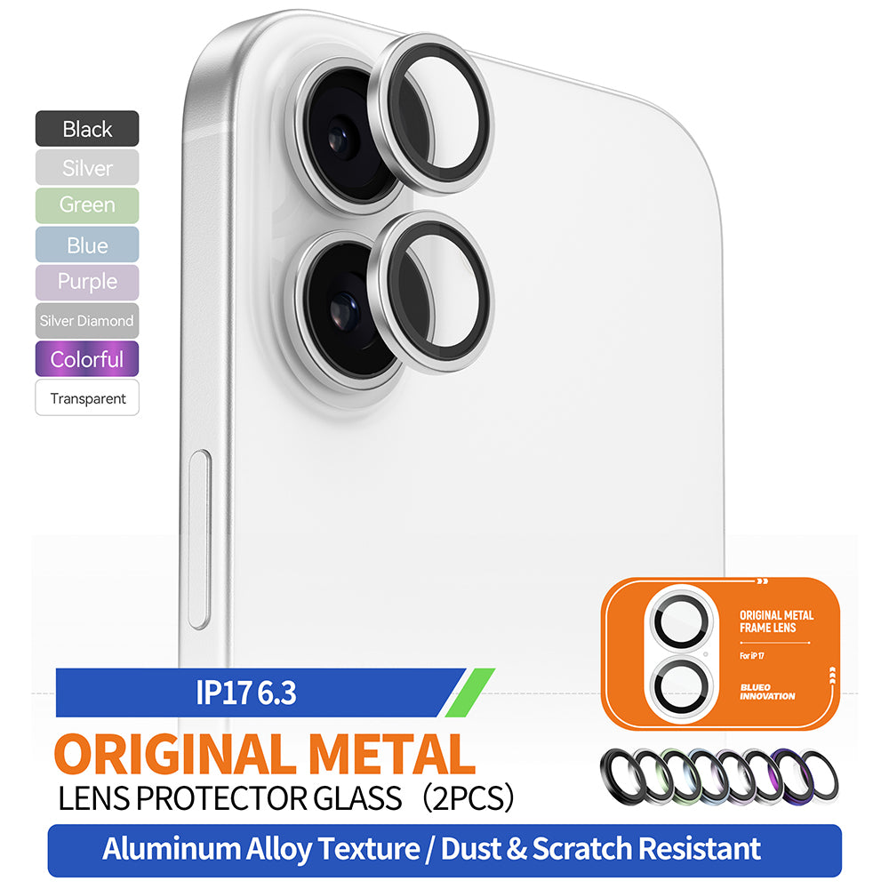 Blueo Glitter Diamond Metal Frame Rear Camera Protection Film for Apple iPhone 17, Tempered Glass, Silver