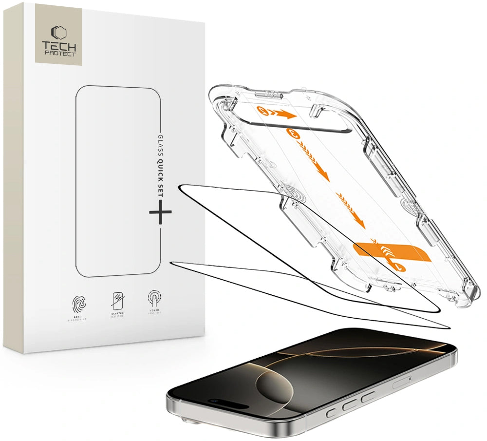Tech-Protect Quick Set+ Screen Protector for Apple iPhone 16 Pro, Tempered Glass, Full Glue, Set of 2 Pieces, Black