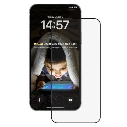 Anank Anti Blue Light Screen Protector for Apple iPhone 15 Pro Max, Tempered Glass, Full Glue, 2.5D, Black