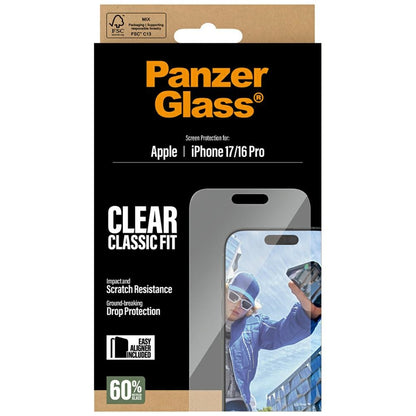 PanzerGlass Classic Fit EasyAligner Screen Protector for Apple iPhone 17 / 16 Pro, Tempered Glass, Full Glue