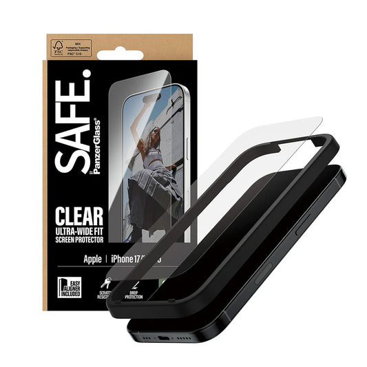 PanzerGlass Safe Screen Protector. Ultra-Wide Fit EasyAligner for Apple iPhone 17 / 16 Pro, Tempered Glass, Full Glue