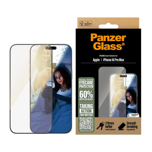 PanzerGlass Ultra-Wide Fit EyeCare Screen Protector for Apple iPhone 16 Pro Max, Tempered Glass, Full Glue, Black