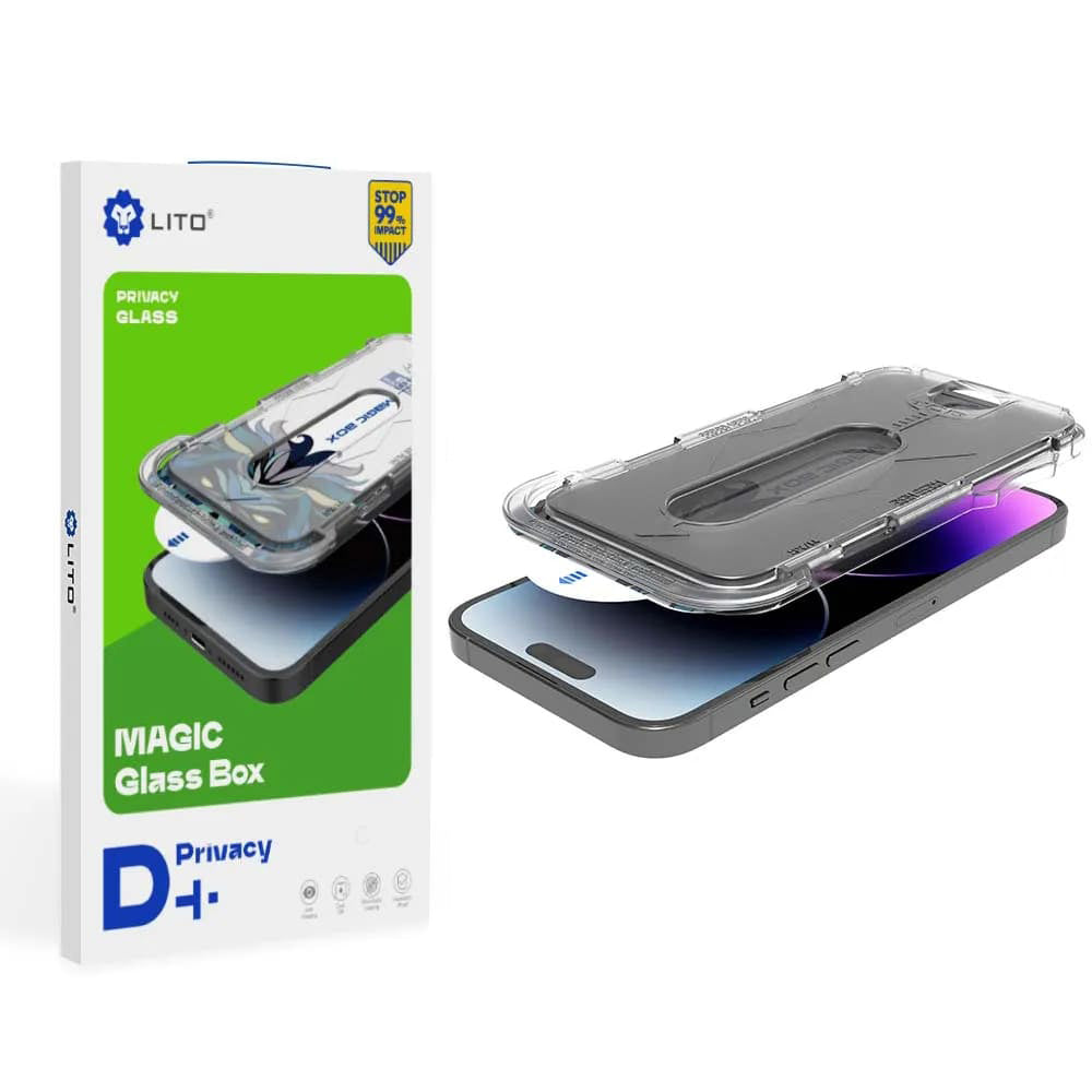 Privacy Screen Protector Lito Magic Glass Box D+ Tools for Apple iPhone 15, Tempered Glass, Full Glue