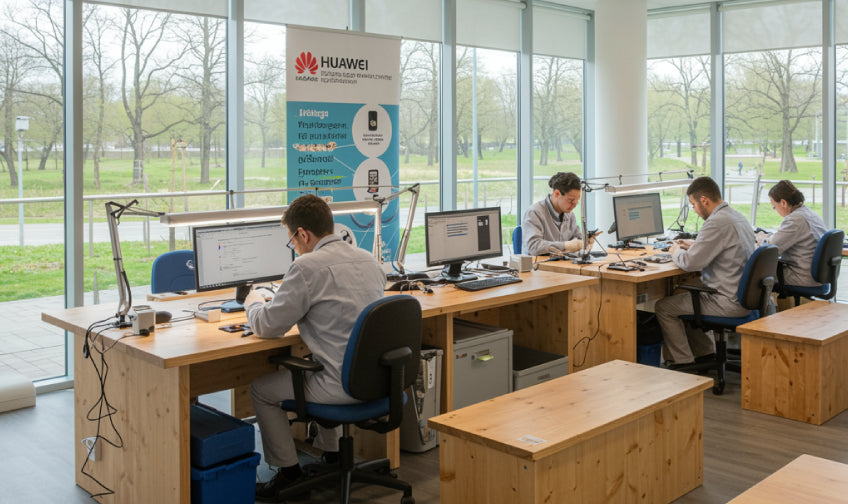 Huawei repair workspace with an eco-friendly message