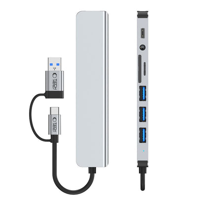 USB / USB-C Hub Tech-Protect HB06, 2 x USB-A 3.0 - 2 x USB-A - 1 x USB-C - 1 x 3.5mm Jack - 1 x SD - 1 x microSD, Gray