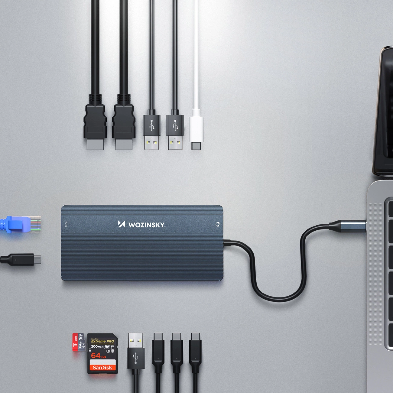 USB-C Hub WZK WDS03Y5S, 1 x USB-A 3.1 - 2 x USB-A - 5 x USB-C - 2 x HDMI - 1 x 3.5mm Jack - 1 x RJ45 - 1 x SD - 1 x microSD, Gray