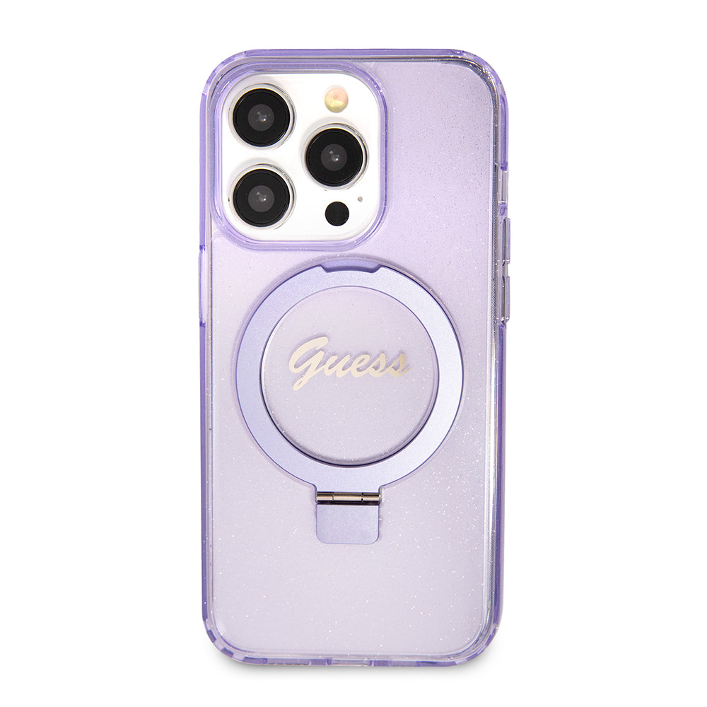 MagSafe Case for Apple iPhone 15 Pro Max, Guess, IML Ring Stand Glitter, Purple GUHMP15XHRSGSU