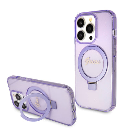 MagSafe Case for Apple iPhone 15 Pro Max, Guess, IML Ring Stand Glitter, Purple GUHMP15XHRSGSU
