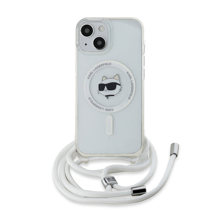 MagSafe Case for Apple iPhone 15, Karl Lagerfeld, IML Crossbody Choupette's Head with Strap, Transparent