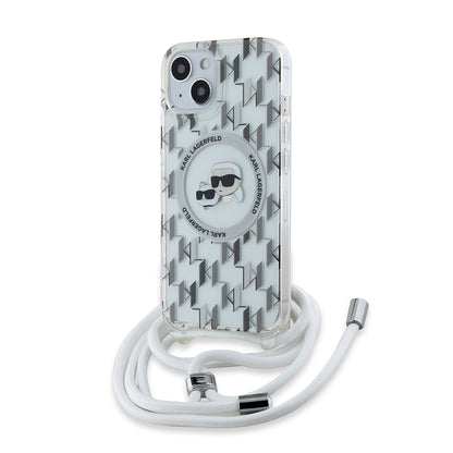 MagSafe Case for Apple iPhone 15, Karl Lagerfeld, IML Crossbody Monogram Karl & Choupette's Heads, Transparent