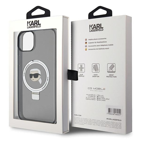 MagSafe Case for Apple iPhone 15, Karl Lagerfeld, Ring Stand Karl's Head, Black