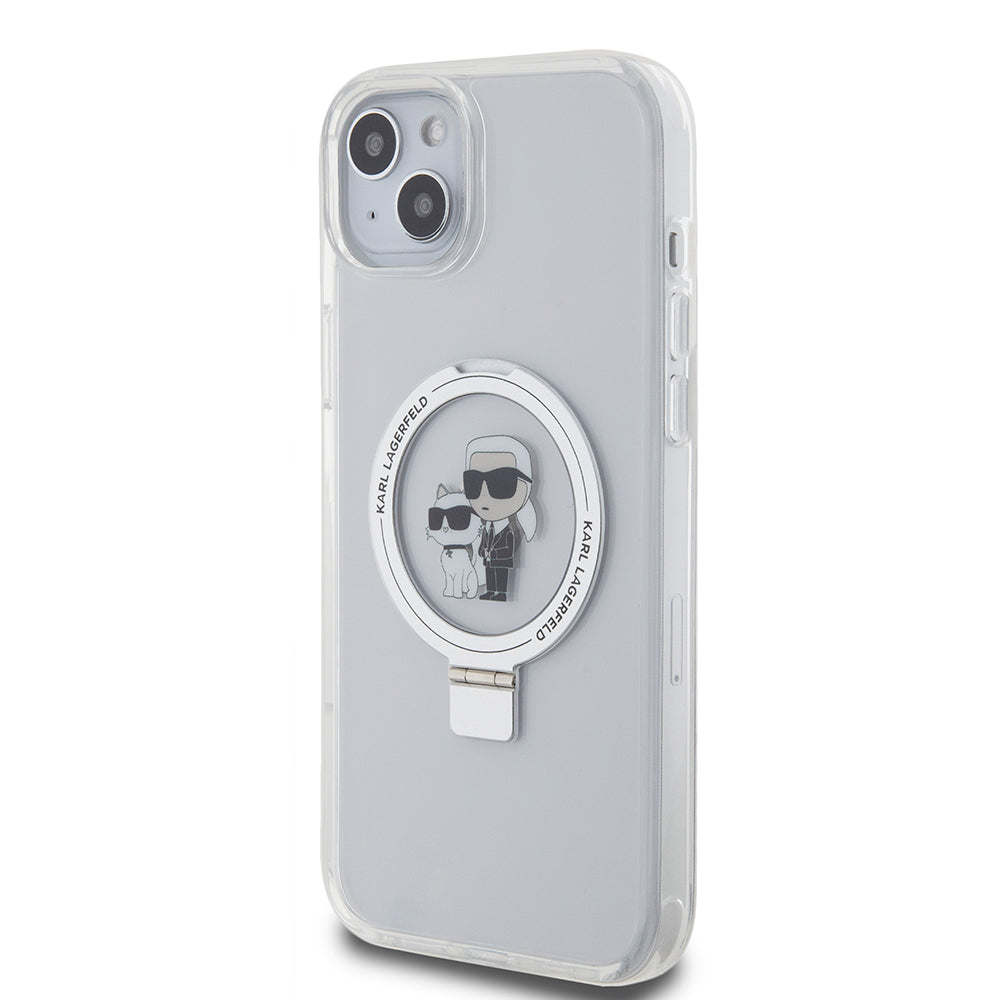 MagSafe Case for Apple iPhone 15 Plus, Karl Lagerfeld, Ringstand Karl and Choupette, White