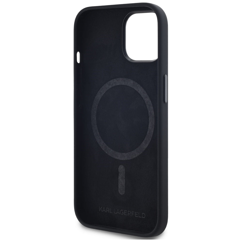 MagSafe Case for Apple iPhone 15, Karl Lagerfeld, Silicone Shadow Metal Initial, Black