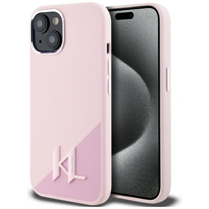 MagSafe Case for Apple iPhone 15, Karl Lagerfeld, Silicone Shadow Metal Initial, Pink