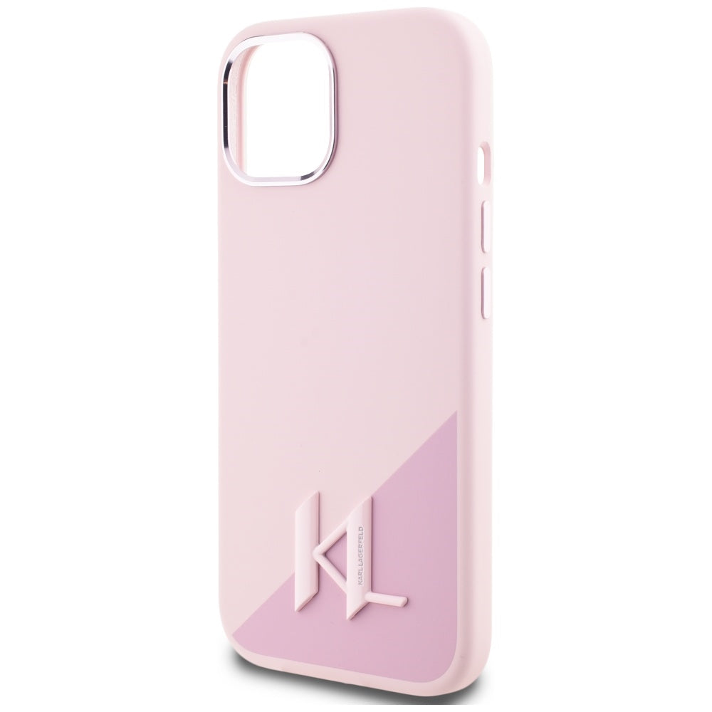 MagSafe Case for Apple iPhone 15, Karl Lagerfeld, Silicone Shadow Metal Initial, Pink