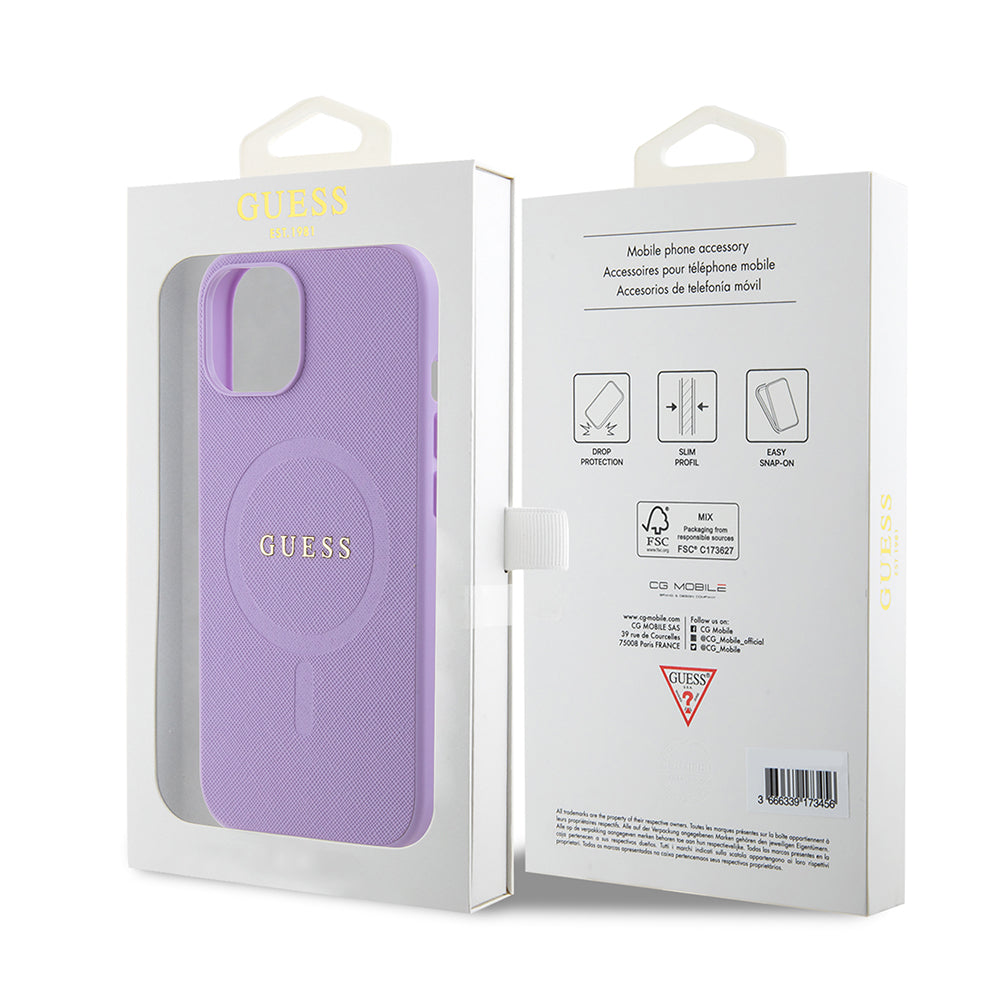 MagSafe Case for Apple iPhone 15 Plus, Guess, Saffiano, Purple
