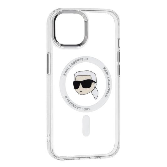 MagSafe Case for Apple iPhone 15 Plus, Karl Lagerfeld, IML Metal Karl's Head, White
