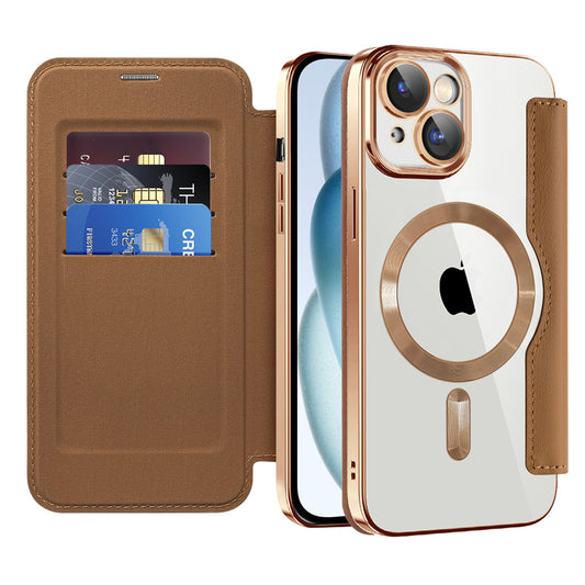 MagSafe Case for Apple iPhone 15 Plus, Techsuit, SmartMag Book, Brown