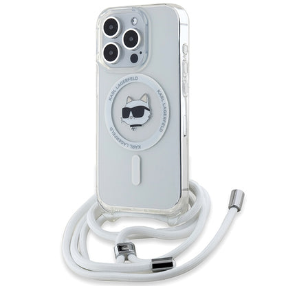 MagSafe Case for Apple iPhone 15 Pro, Karl Lagerfeld, IML Crossbody Choupette's Head with Strap, Transparent