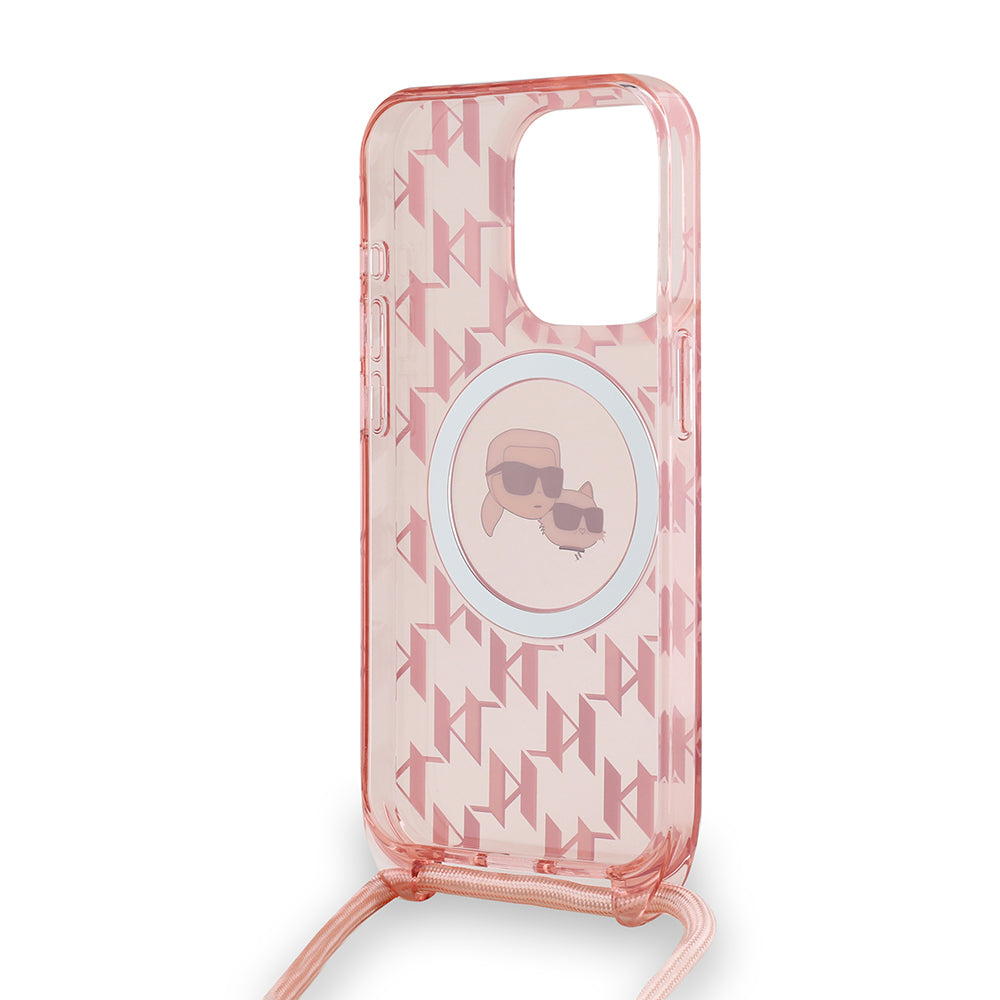 MagSafe Case for Apple iPhone 15 Pro, Karl Lagerfeld, IML Crossbody Monogram Karl & Choupette's Heads, Pink