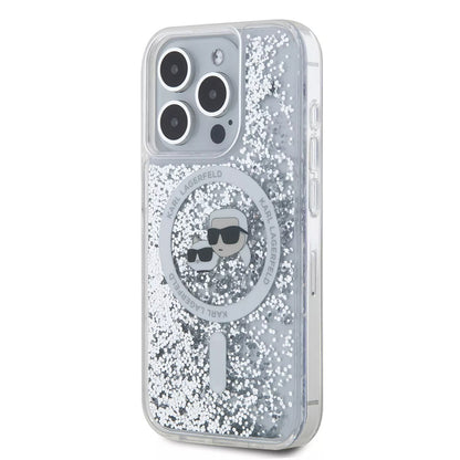 MagSafe Case for Apple iPhone 15 Pro, Karl Lagerfeld, Liquid Glitter Karl & Choupette's Heads, Transparent