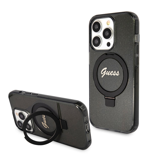 MagSafe Case for Apple iPhone 15 Pro Max, Guess, IML Ring Stand Glitter, Black