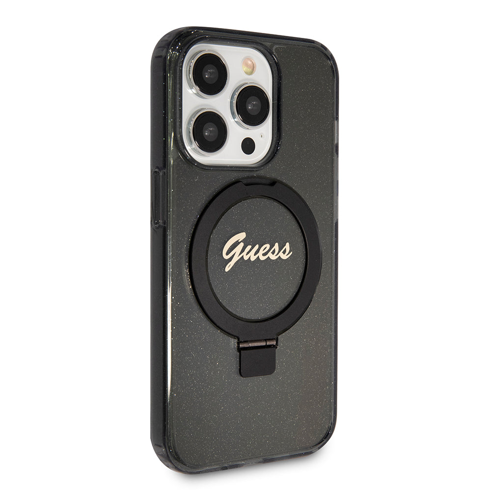 MagSafe Case for Apple iPhone 15 Pro Max, Guess, IML Ring Stand Glitter, Black